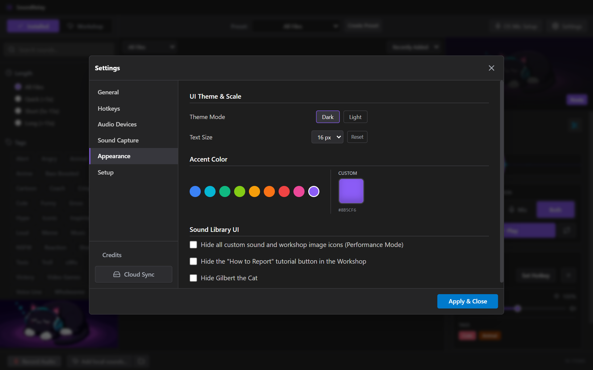 SoundRelay settings, Appearance page: dark and light theme, text size, accent colors and library options