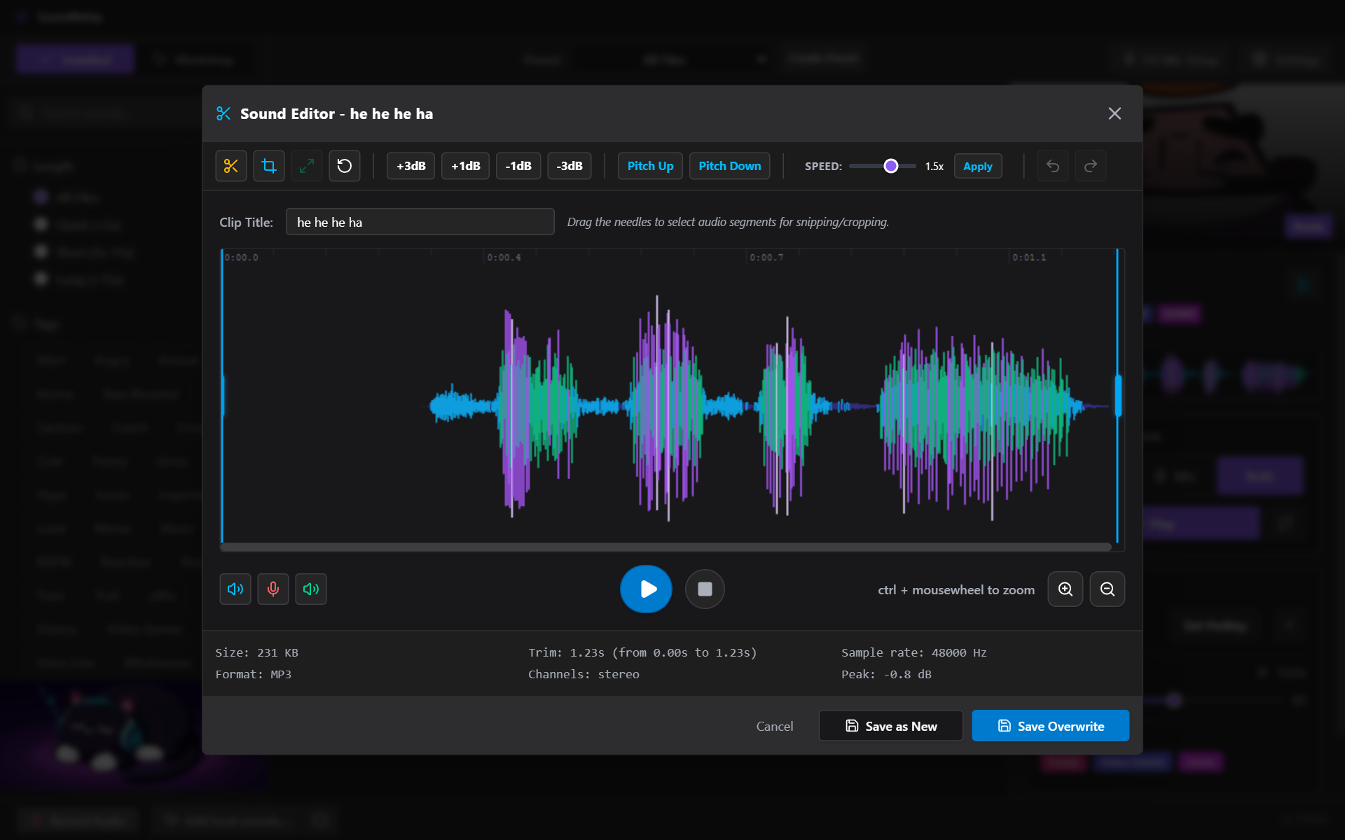 SoundRelay sound editor: a waveform with cut, crop, volume, pitch and speed tools, and Save as New and Save Overwrite buttons