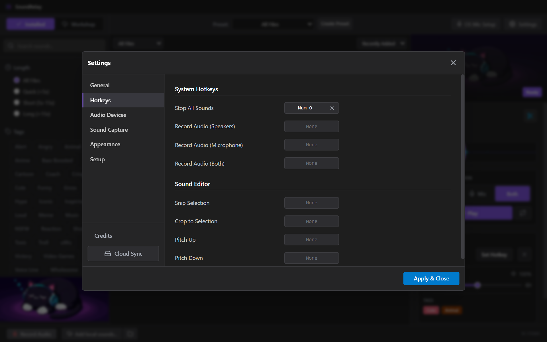 SoundRelay settings, Hotkeys page: Stop All Sounds, three recording hotkeys and sound editor hotkeys