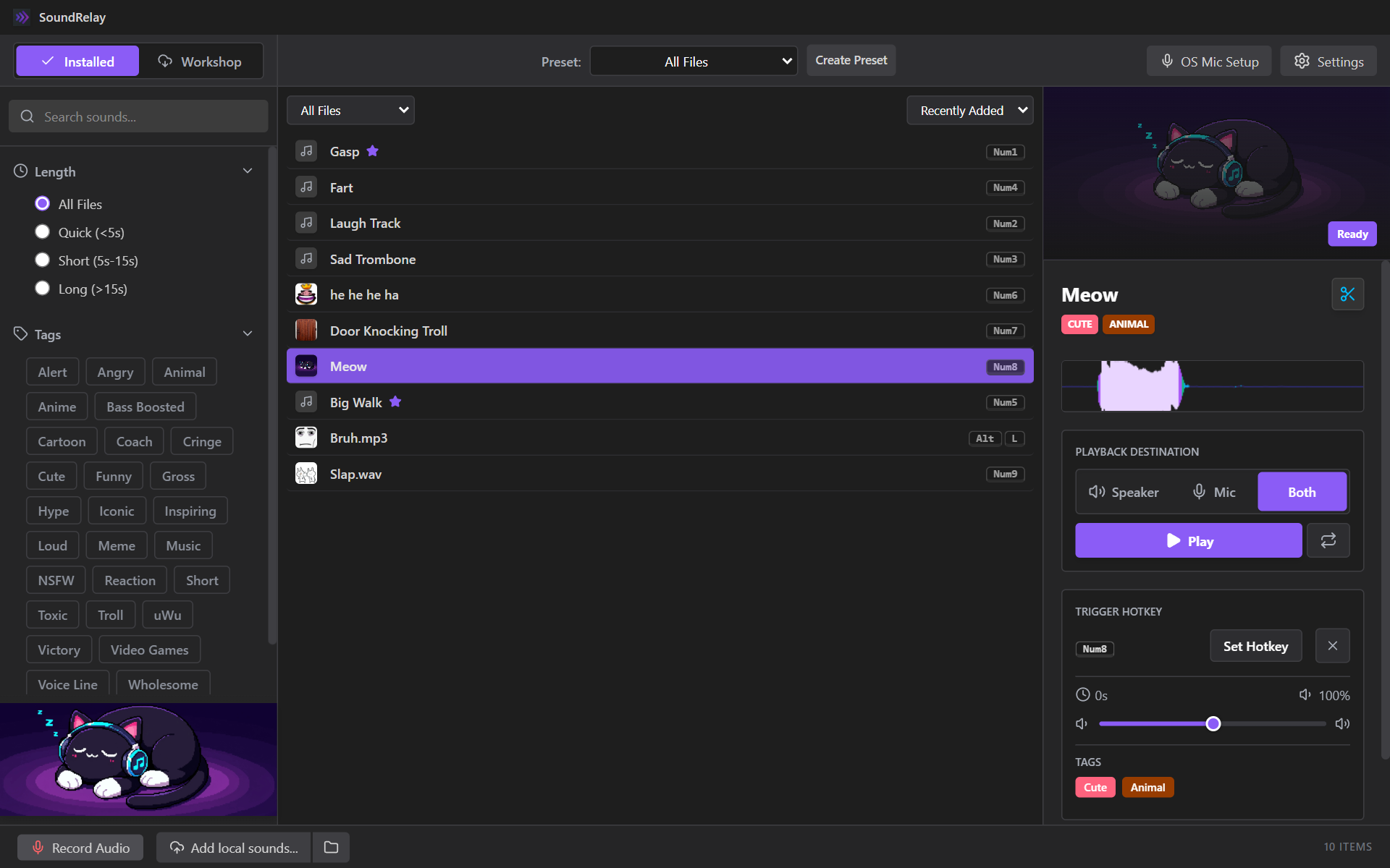 SoundRelay library: a list of clips with picture icons and hotkeys, tag filters on the left and the selected clip on the right