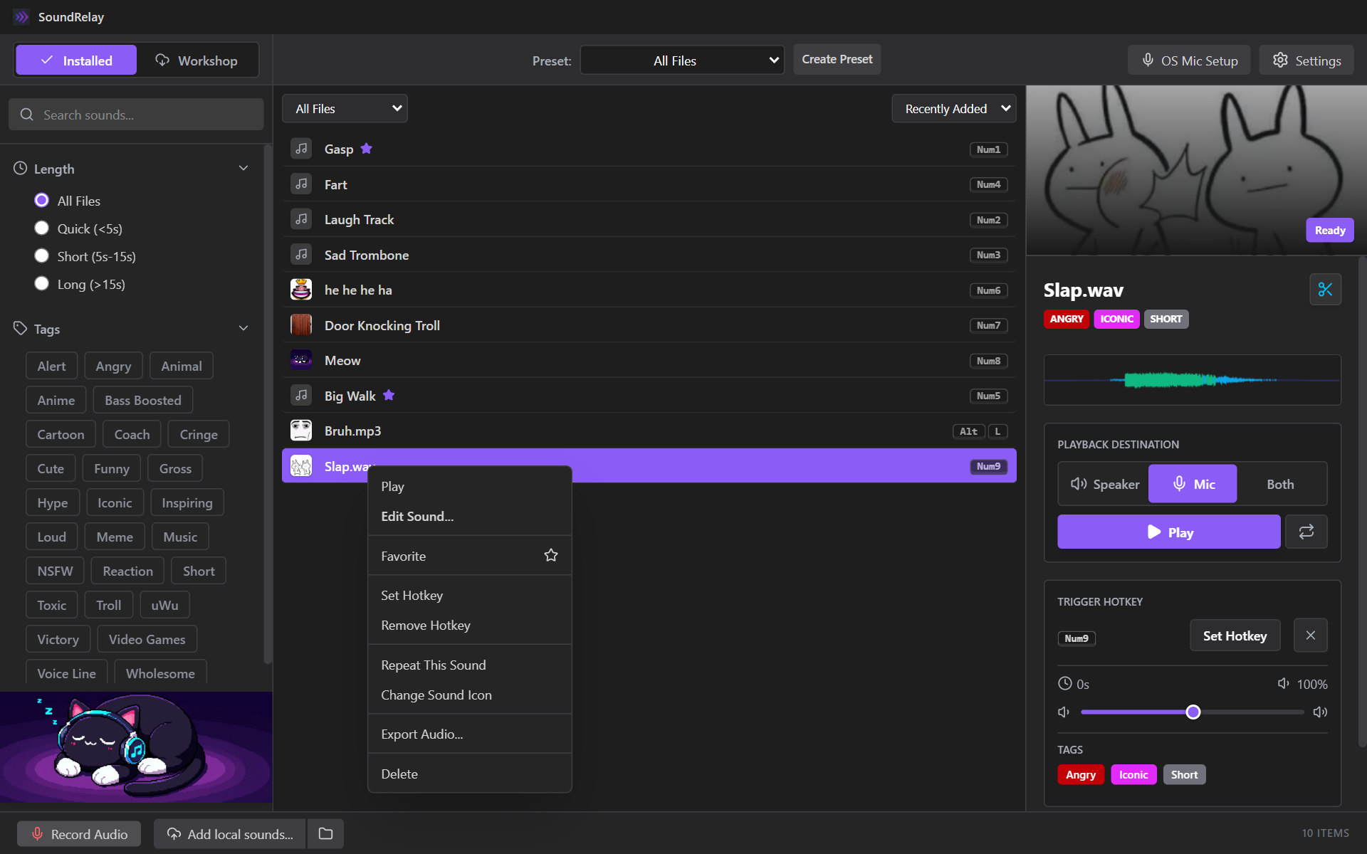 SoundRelay clip menu: Play, Edit Sound, Favorite, Set Hotkey, Repeat This Sound, Change Sound Icon, Export Audio and Delete