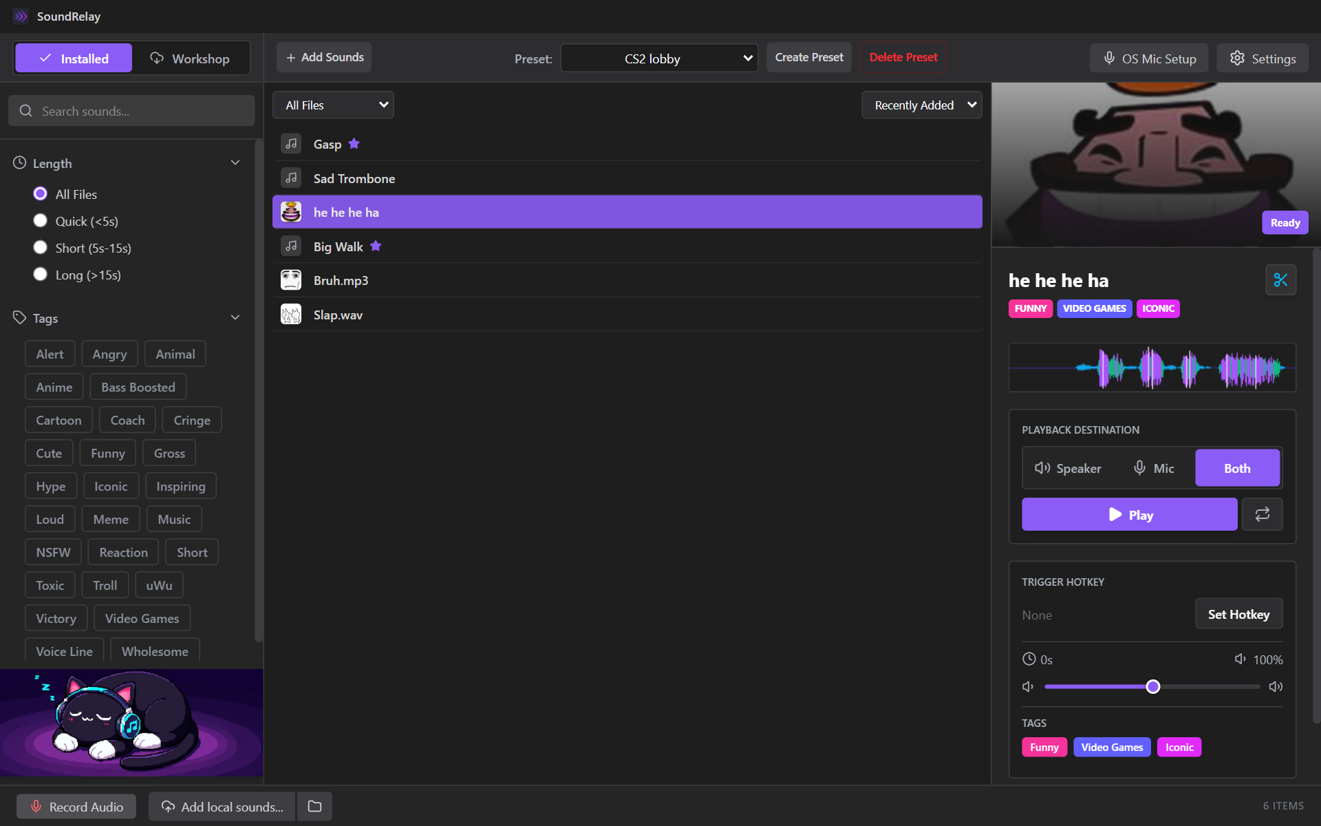 SoundRelay with the preset CS2 lobby selected, showing only the six clips in that preset