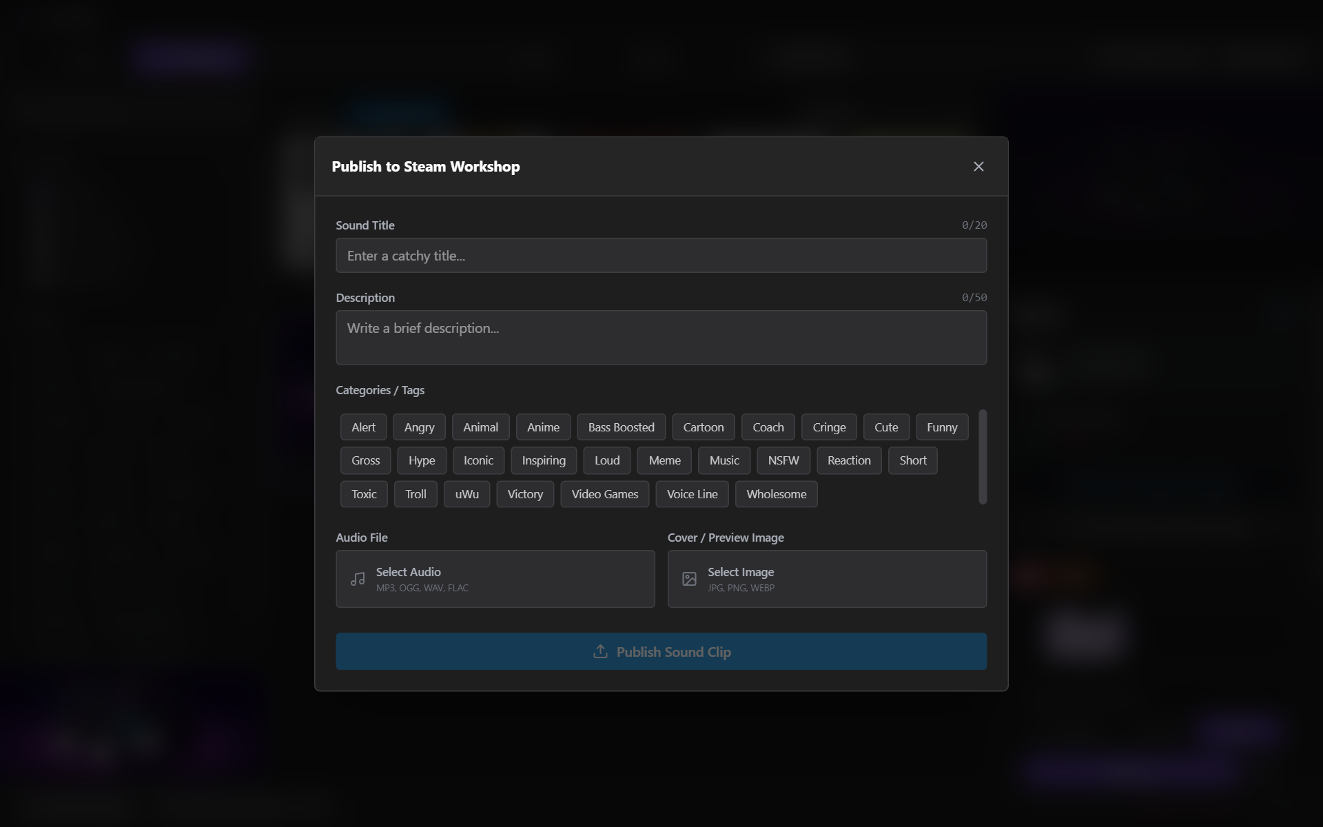SoundRelay Publish to Steam Workshop dialog with title, description, tags, audio file and cover image