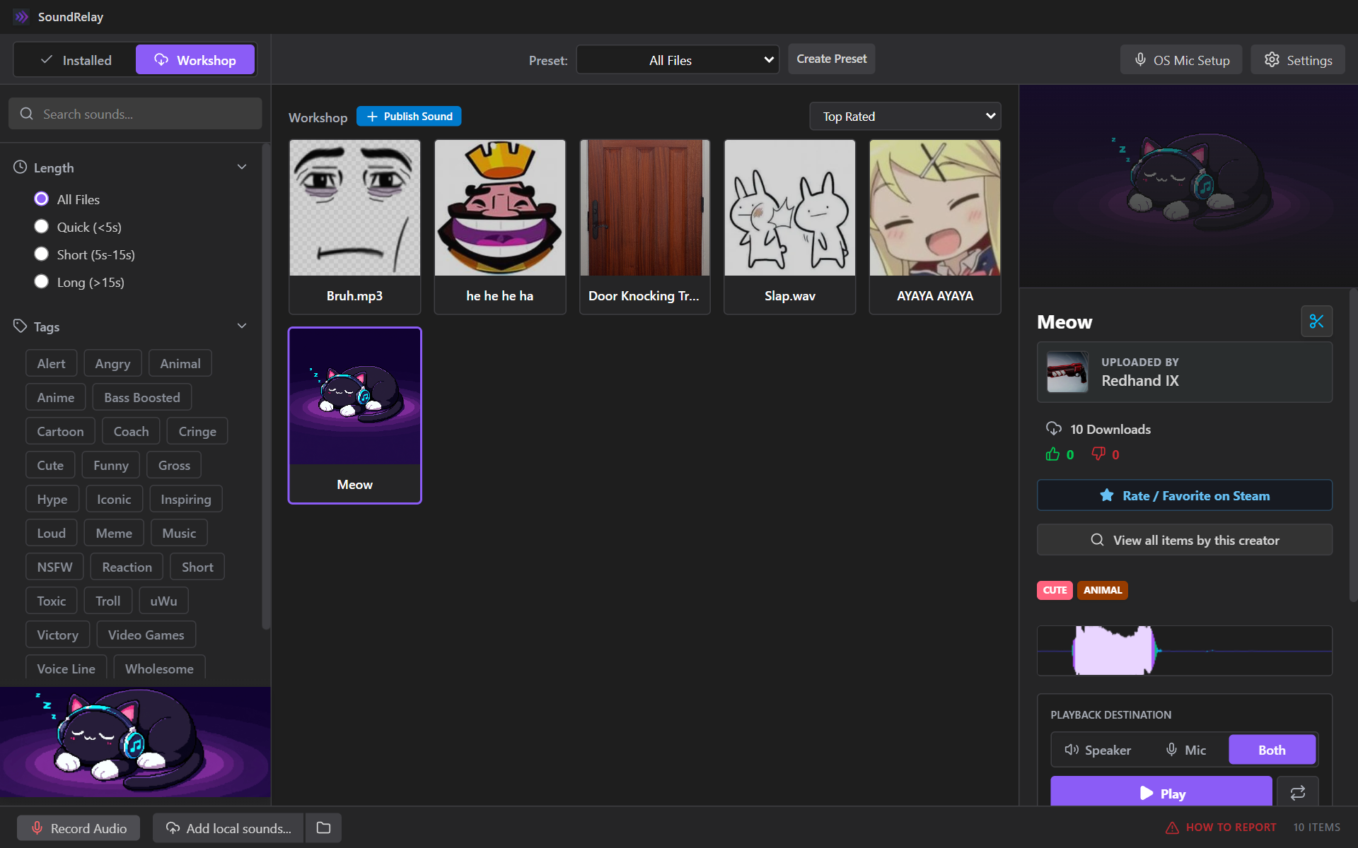 SoundRelay Workshop tab: a grid of clips with pictures, and a selected clip with its uploader, downloads, tags and rating buttons